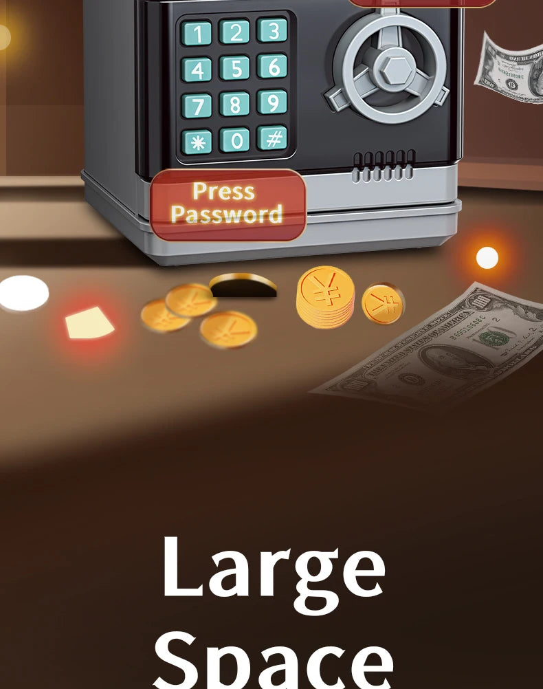 A digital piggy bank with a keypad and a large space, surrounded by gold coins and a banknote.