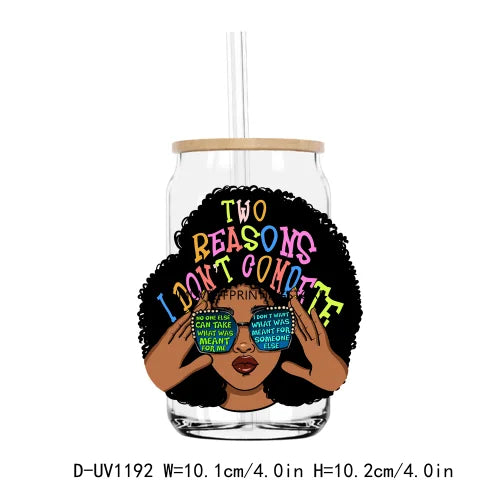 A clear tumbler with a black graphic featuring text about two reasons not to compete and an illustration of a woman's face.