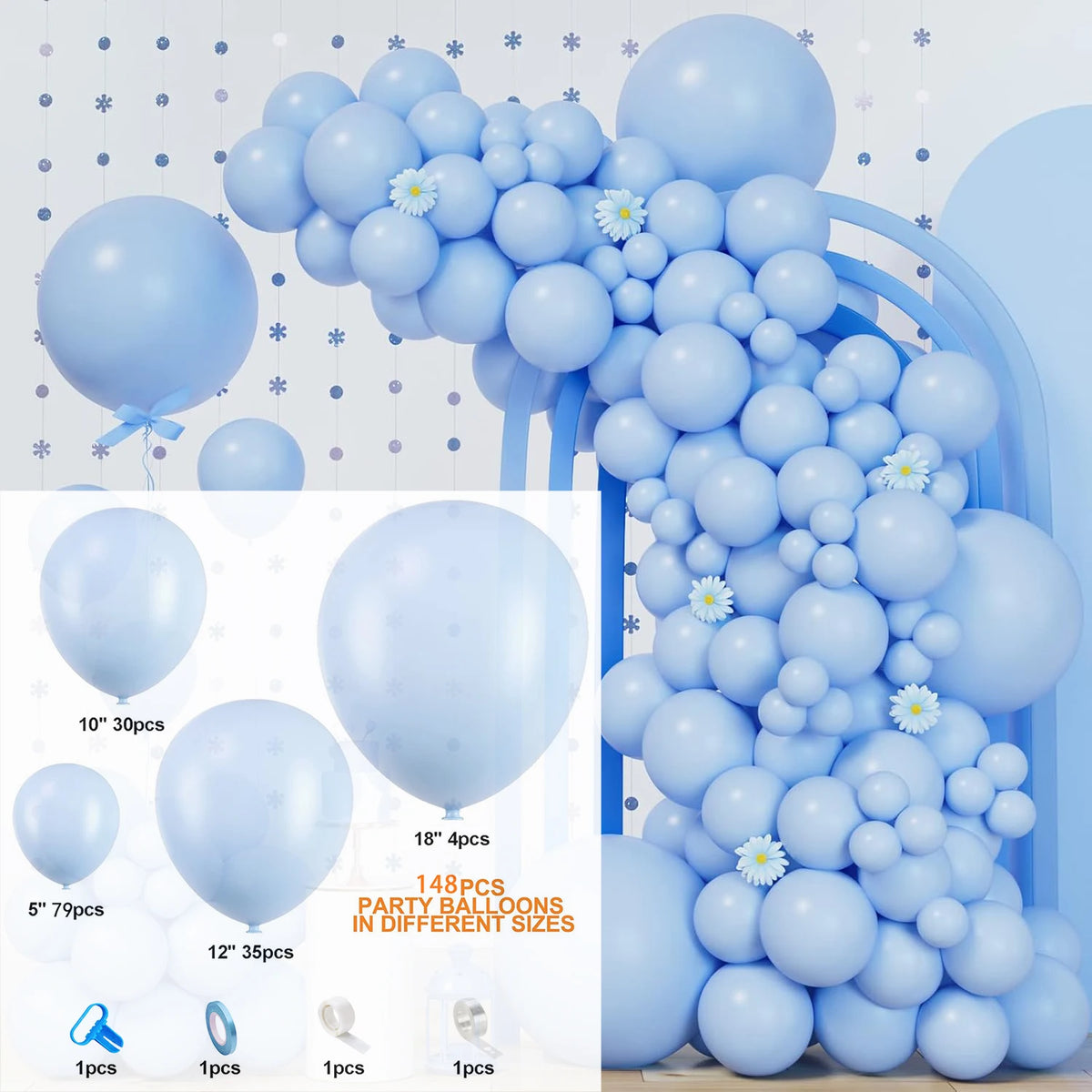 Große Anordnung von hellblauen Ballons in verschiedenen Größen, die einen Ballon-Girlanden-Display bilden.