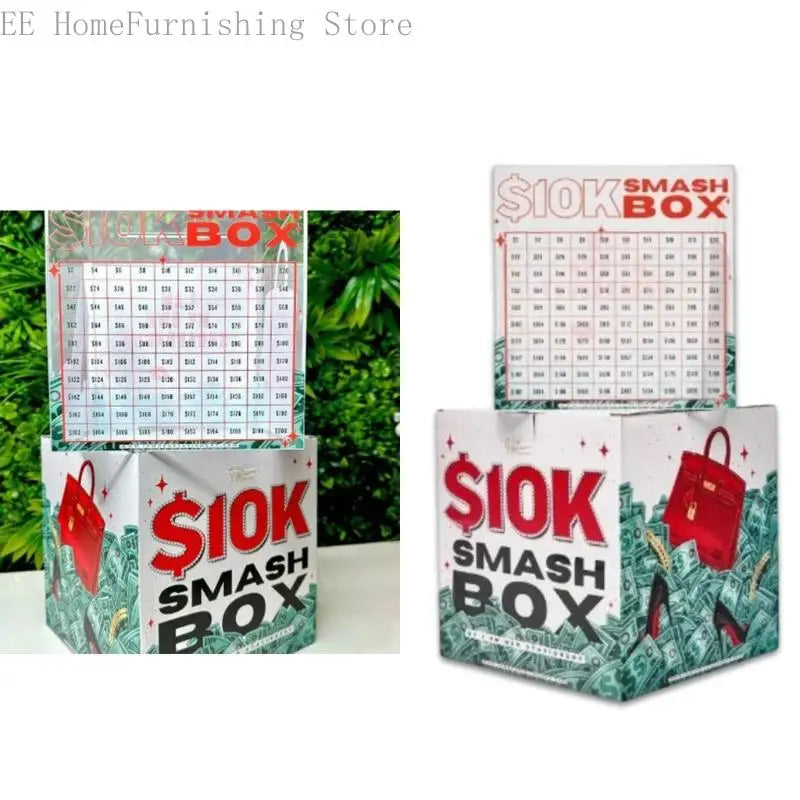 A red acrylic smash box for budget planning money, displayed next to a green box.