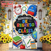 A colorful classroom door banner decorated with school supplies and flowers for back to school or party theme