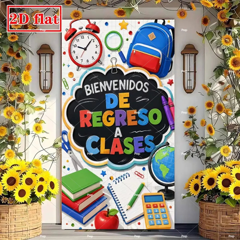A colorful classroom door banner decorated with school supplies and flowers for back to school or party theme