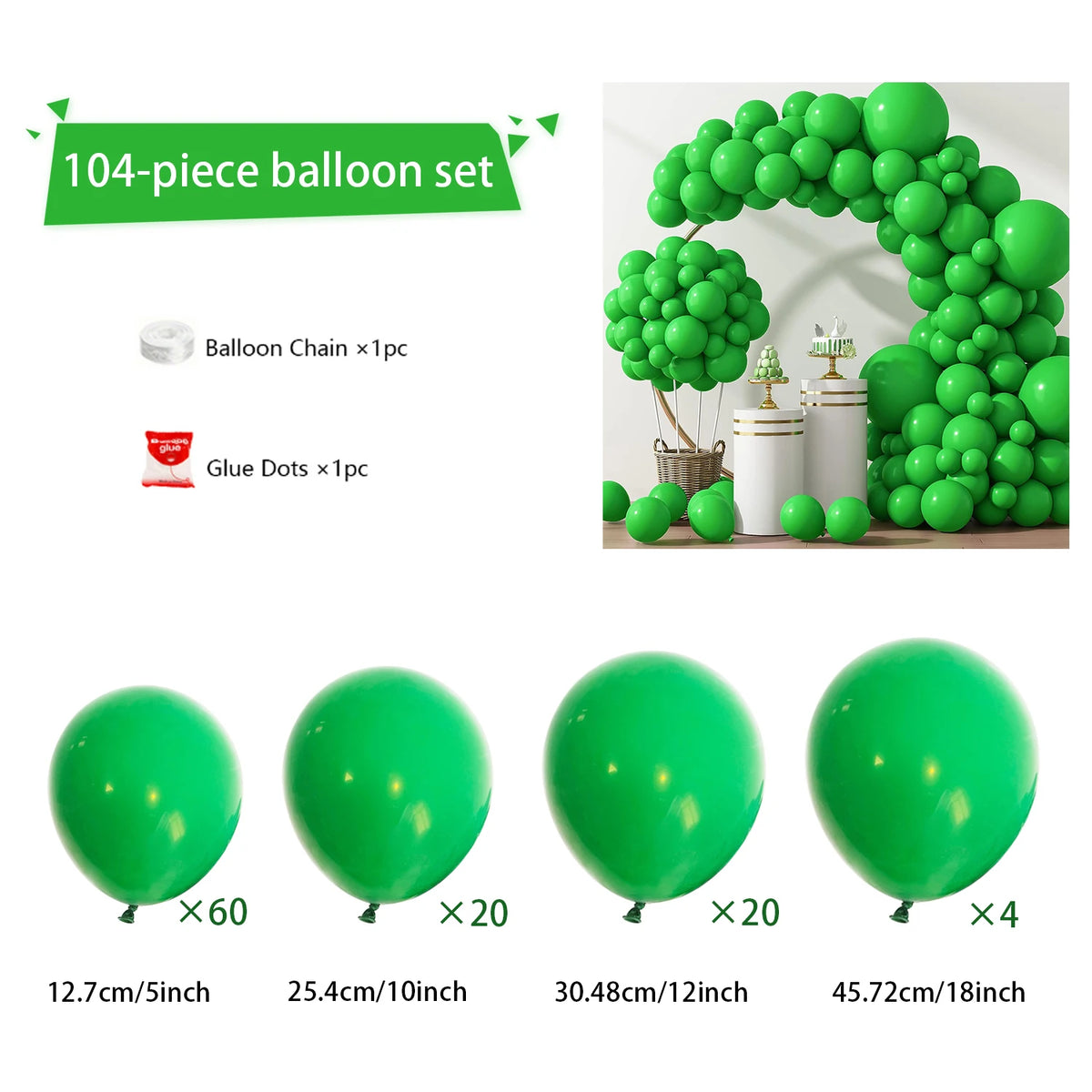 A set of 104 green balloons and glue dots used to create a balloon arch decoration for parties and weddings.