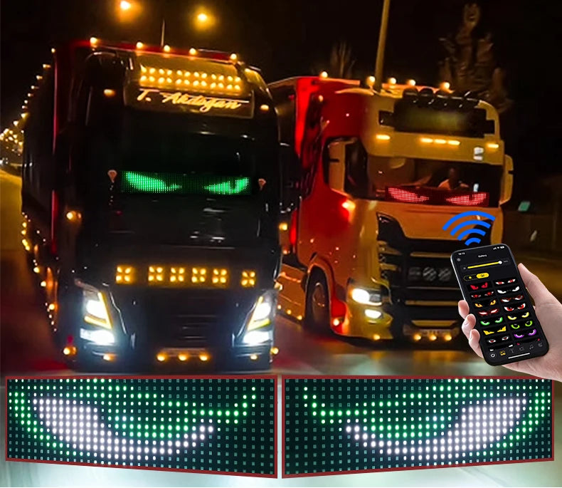 A black truck and a red truck are shown with bright LED light bars, next to a hand holding a smartphone displaying an app int