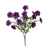 A bouquet of artificial silk purple flowers with green leaves.