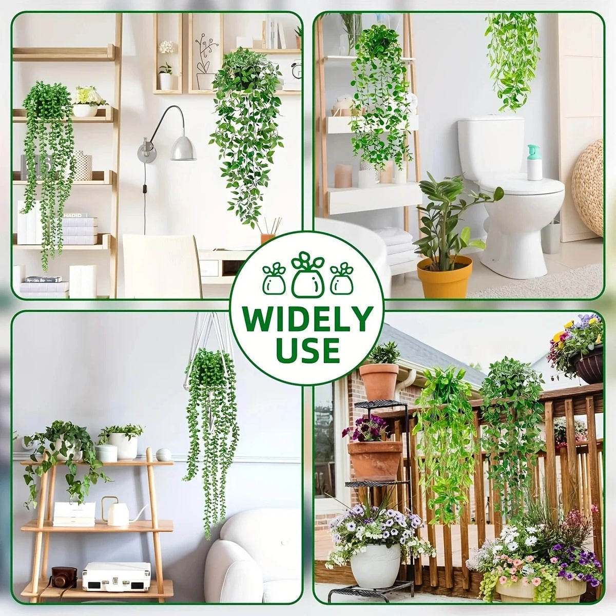 A collage showing artificial hanging plants used as home decor in various indoor and outdoor settings.