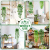A collage showing artificial hanging plants used as home decor in various indoor and outdoor settings.