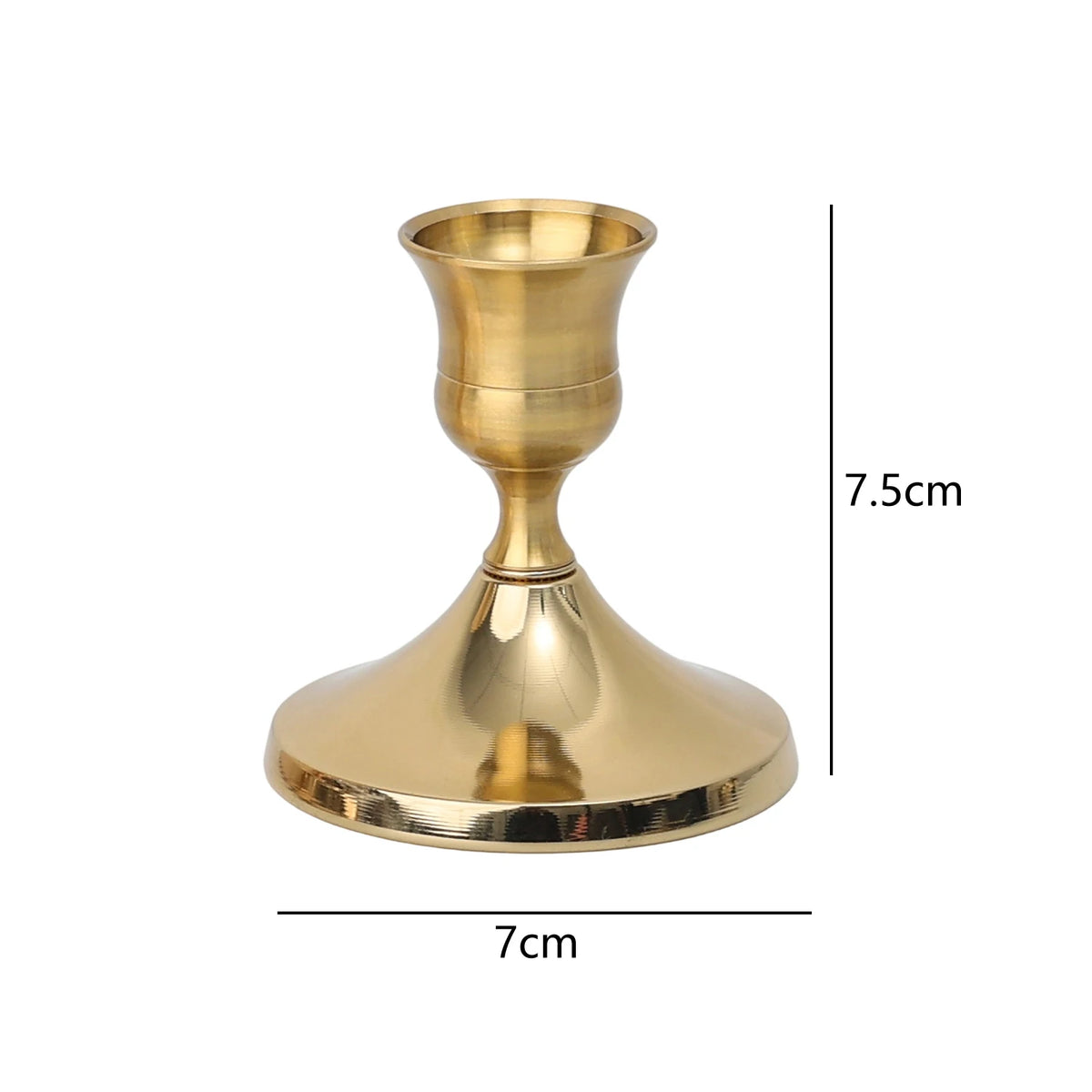 A brass vintage iron candlestick holder with a flared base and cup, shown from the side.