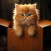 A fluffy orange Persian kitten peeks out of a cardboard box.