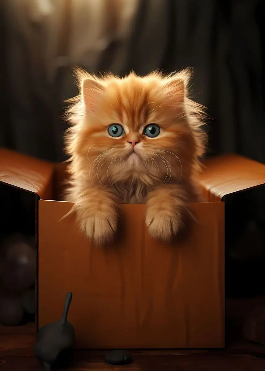 A fluffy orange Persian kitten peeks out of a cardboard box.