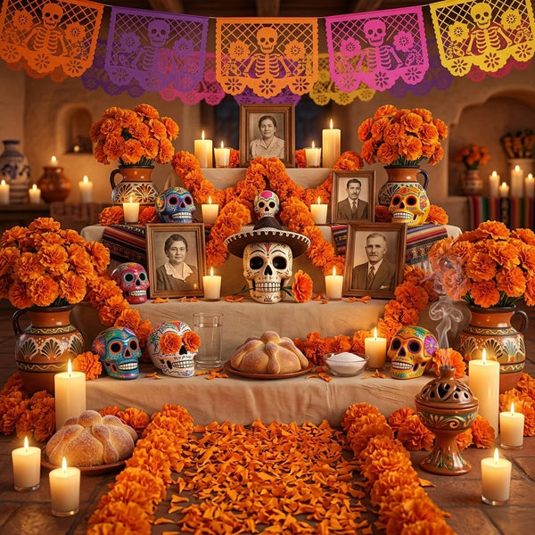 Artificial Marigold Flowers with Stems for Day of the Dead Decorations