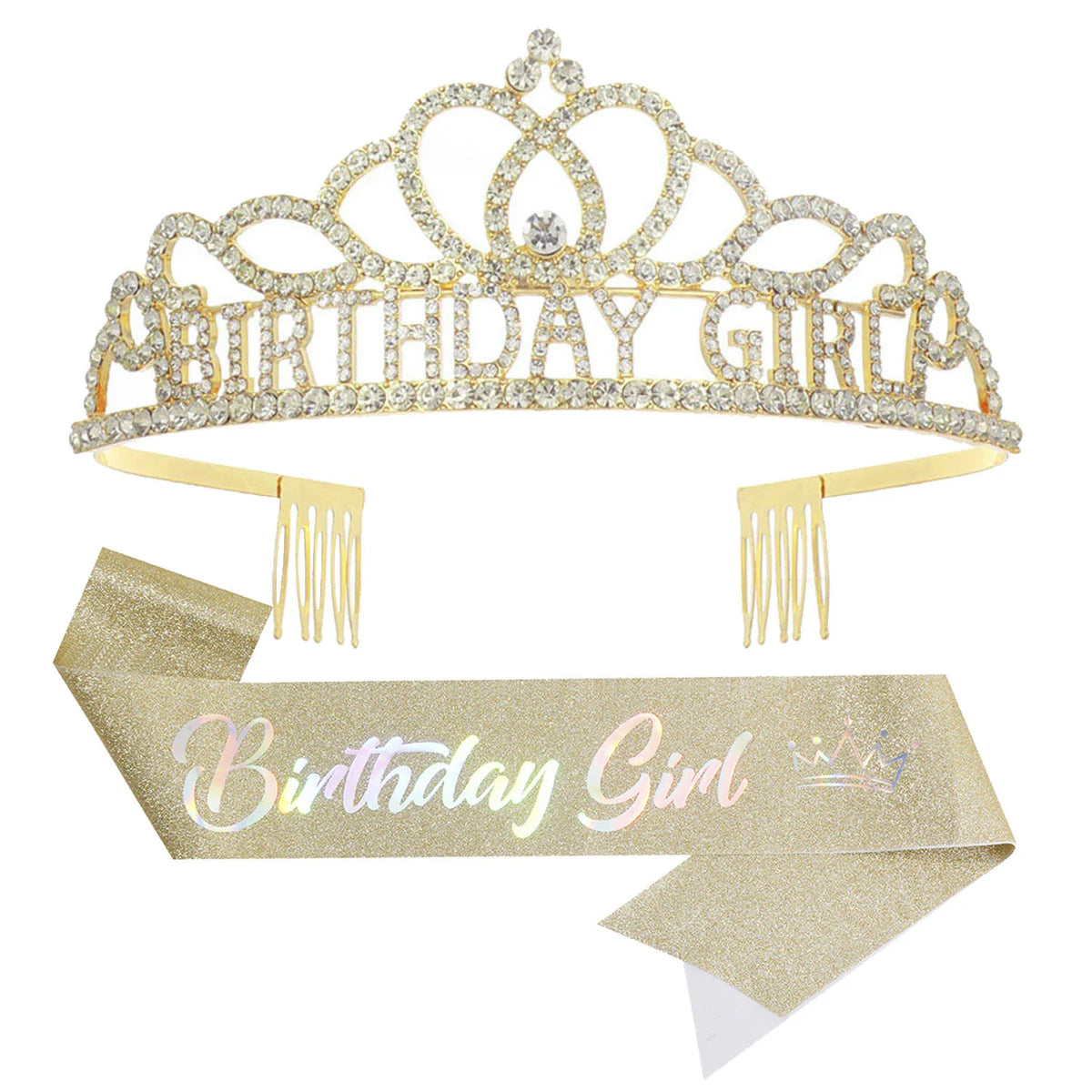 A gold crystal birthday crown and sash set with glitter accents for a girl