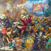 A dramatic historical painting depicting a chaotic battle scene with soldiers and figures on horseback.