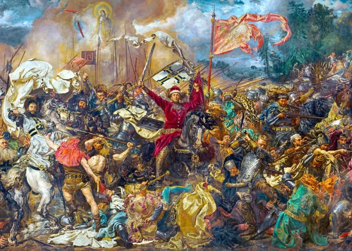 A dramatic historical painting depicting a chaotic battle scene with soldiers and figures on horseback.