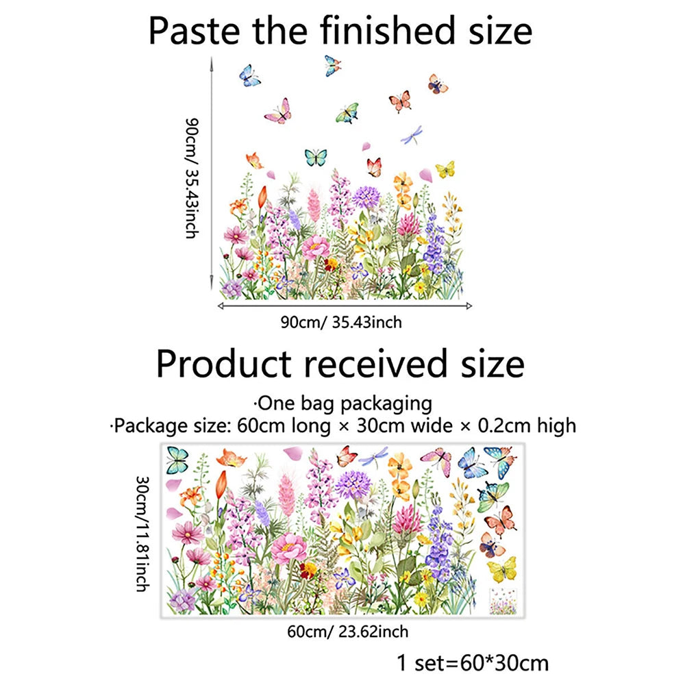 A set of colorful butterfly and flower window decals showing the finished size and received size.