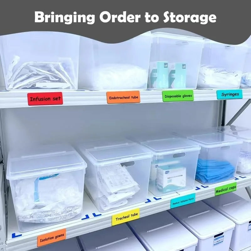 Storage shelves displaying various medical supplies including infusion sets, gloves, syringes, and gauze.