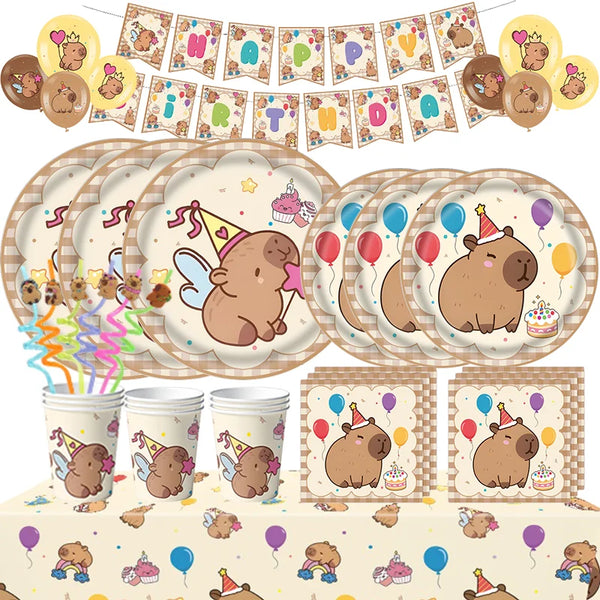 Colección de decoraciones de cumpleaños con personajes de capibara, globos y confeti para una fiesta.