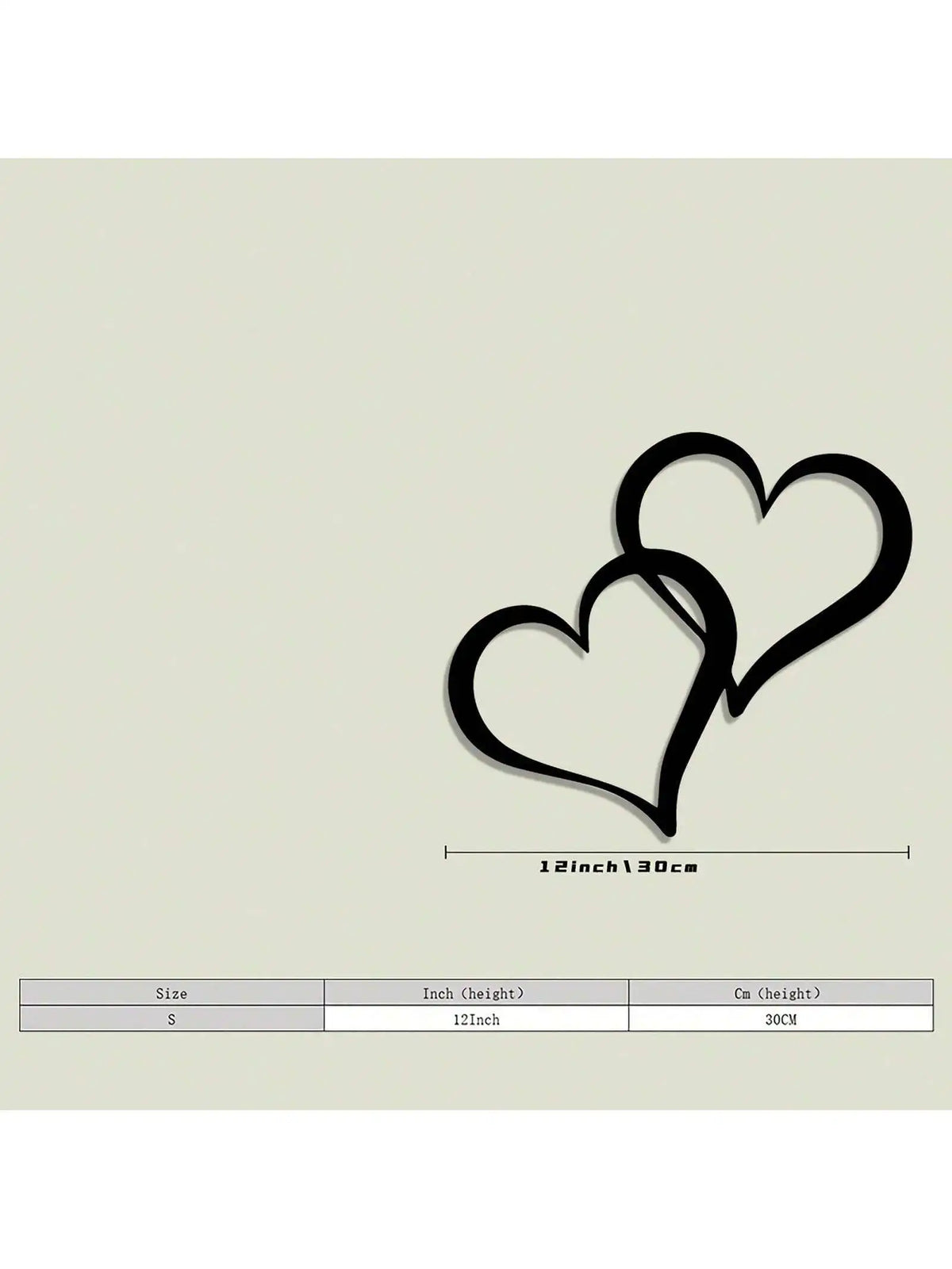 Black metal wall decor featuring two interlocking heart shapes, with dimensions of 12 inches by 30 cm.