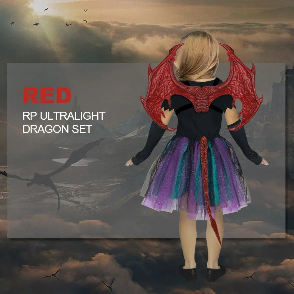 A blonde girl wearing a red dragon set costume with large wings and a purple skirt stands against a cloudy sky background.