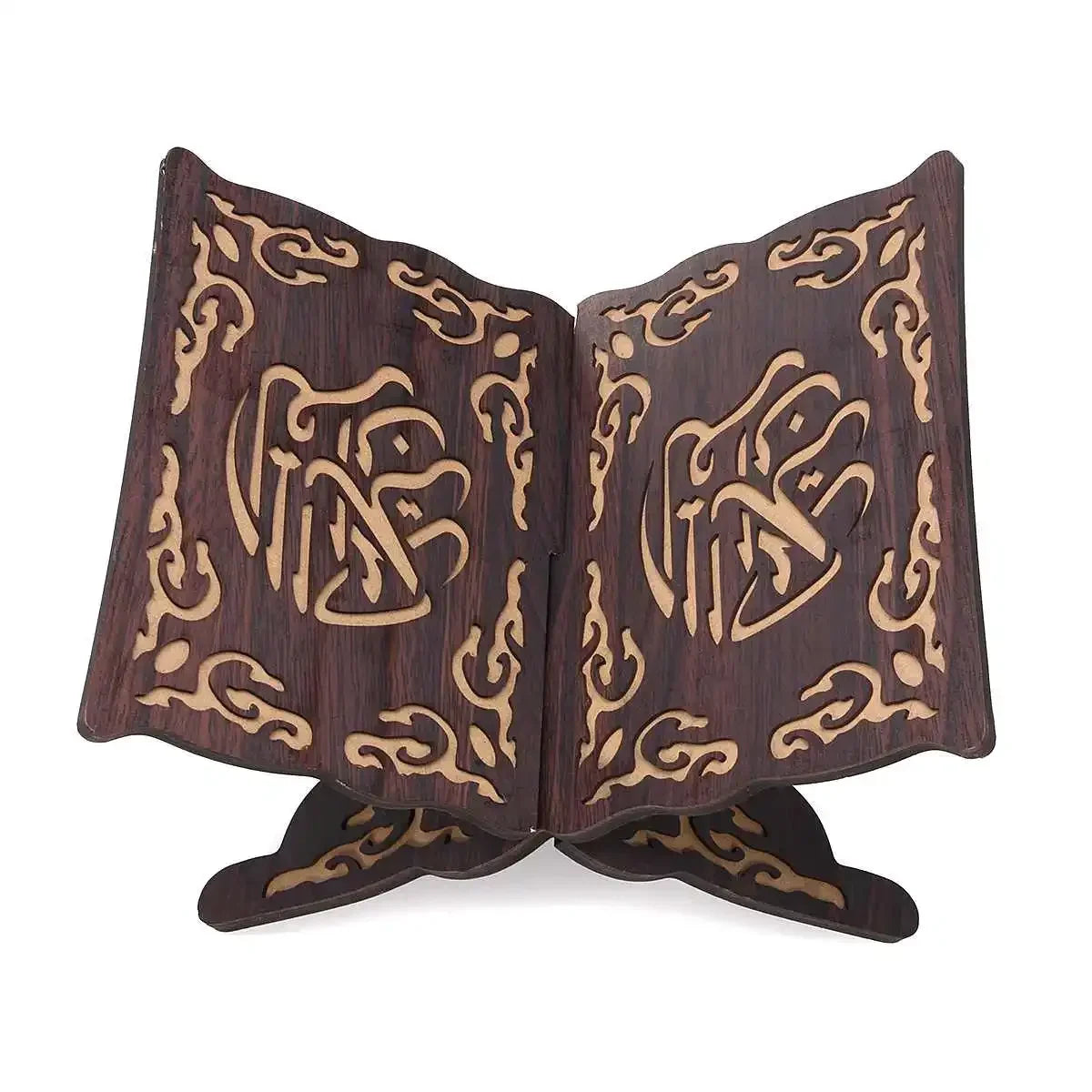 Handcrafted wooden Quran book stand featuring intricate arabesque carvings.