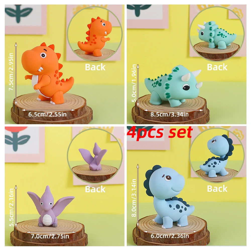 Un juego de cuatro toppers de dinosaurios de plástico en naranja, verde, morado y azul.