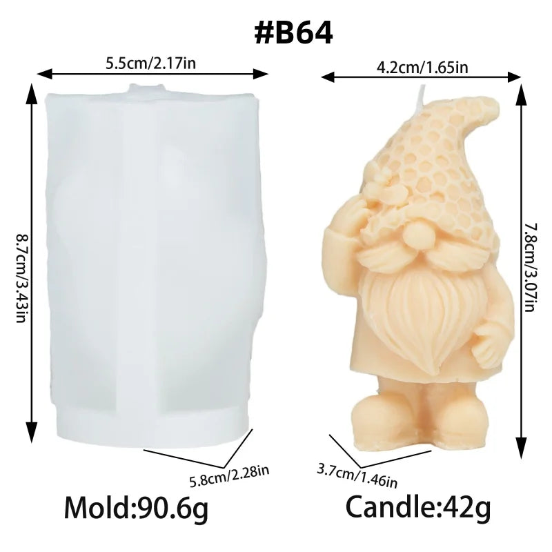 A silicone mold for a candle shaped like a gnome with a honeycomb hat design.