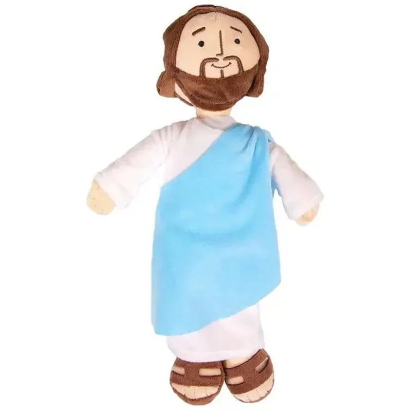 A plush doll representing a bearded man wearing a white shirt and blue garment for religious icon home decor