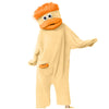 A plush monster loungewear romper in a tan color with an orange beak and orange hair.