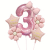 Pink foil balloons shaped like the number 3 and a flower, used for birthday celebrations.