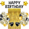 A set of gold and black balloons with a happy birthday message on a gold background.