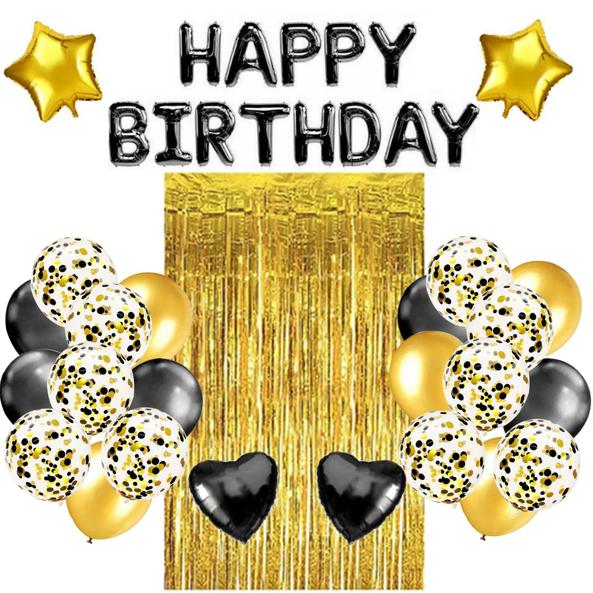 A set of gold and black balloons with a happy birthday message on a gold background.