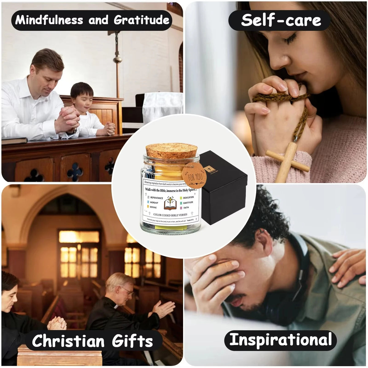 A jar filled with color-coded Bible verses used for emotional guidance.