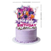 A birthday cake decorated with anime hunter girl toppers featuring characters in various poses and colors.