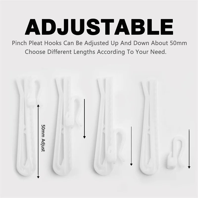 White adjustable pinch pleat curtain hooks shown in various lengths and angles.