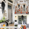 A decorative display of artificial black vine hanging plants and skeletal figures on a white door and window.