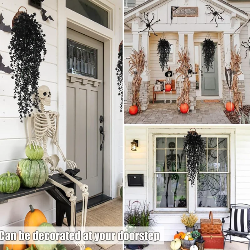 A decorative display of artificial black vine hanging plants and skeletal figures on a white door and window.