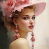 A portrait of a woman wearing a large pink floral hat and delicate pink earrings.