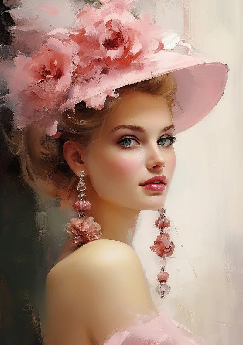 A portrait of a woman wearing a large pink floral hat and delicate pink earrings.