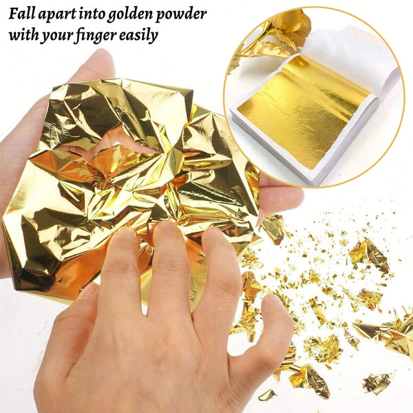 Hands are separating edible gold leaf flakes into powder for baking and cake decoration