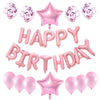 A collection of 25 rose gold foil letter balloons spelling out HAPPY BIRTHDAY for a party decoration.