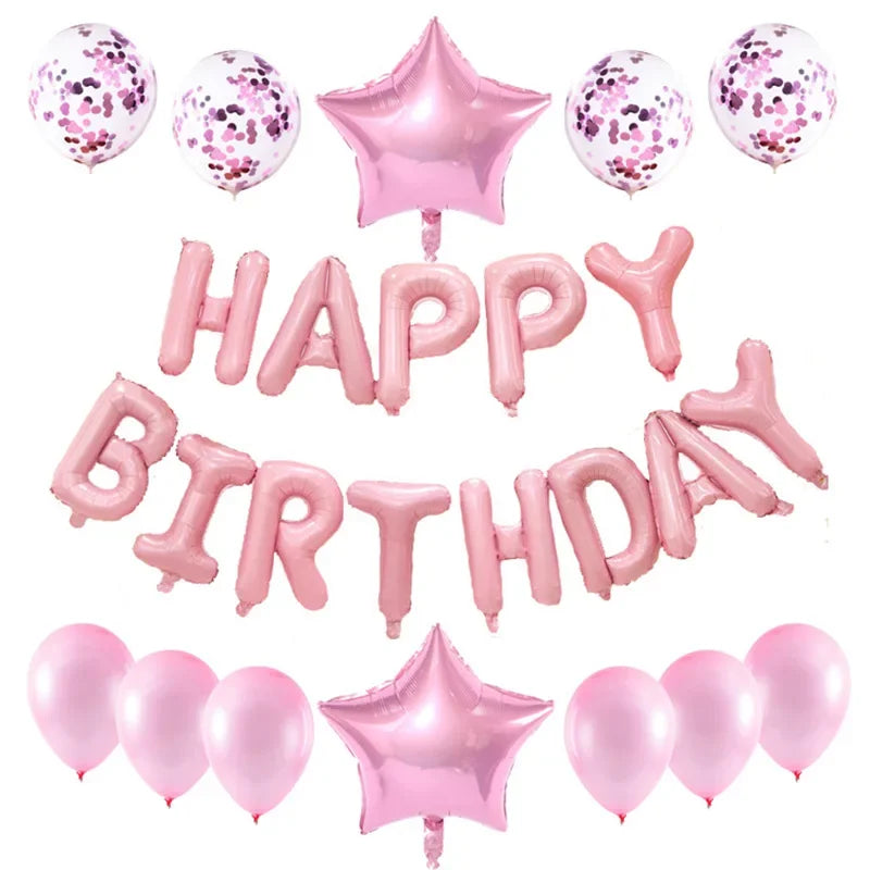 A collection of 25 rose gold foil letter balloons spelling out HAPPY BIRTHDAY for a party decoration.