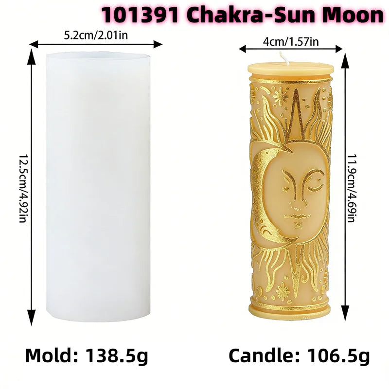 A tall cylindrical mold for a chakra sun moon pillar candle featuring celestial and mystical symbols in gold.