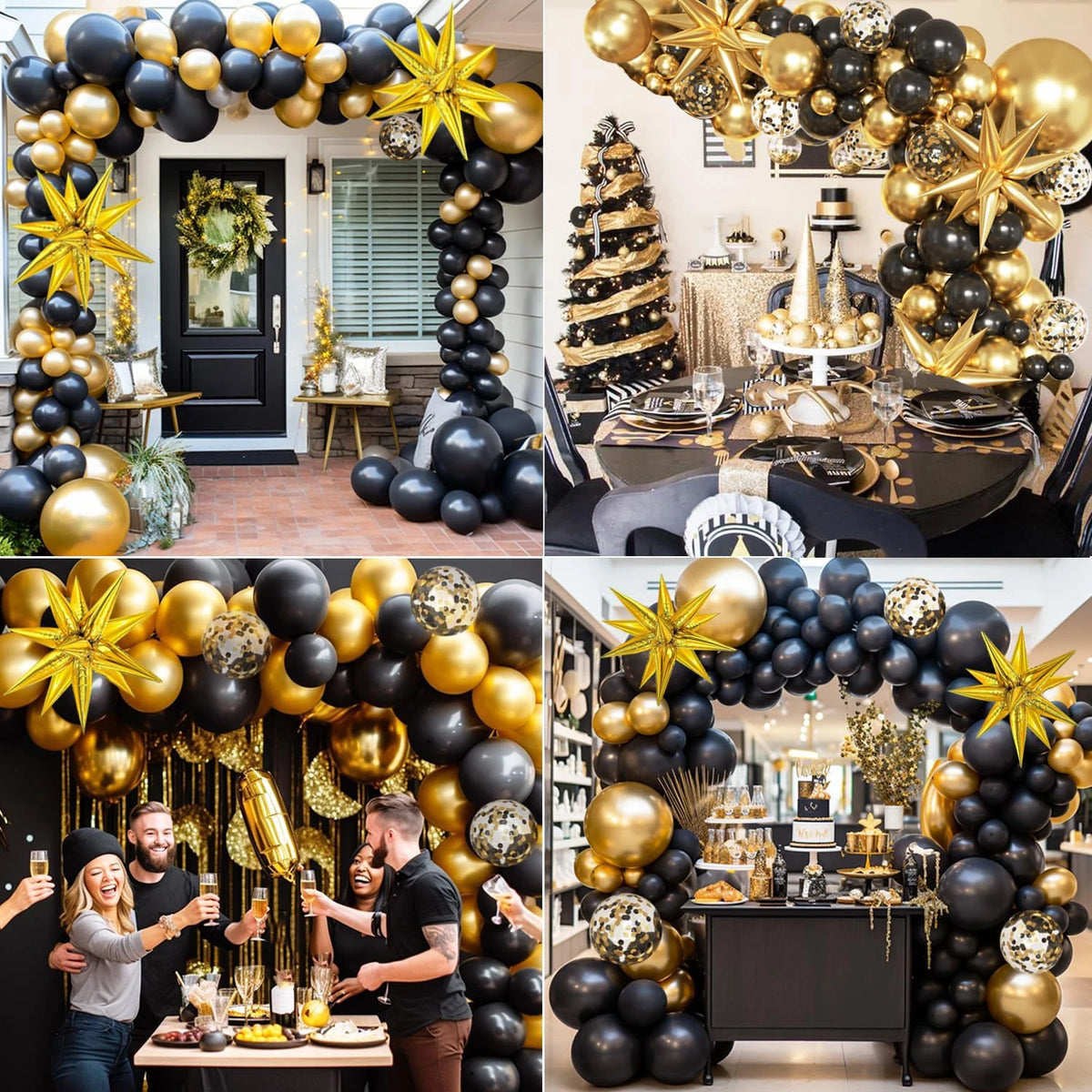 A black and gold confetti balloon garland arch kit featuring balloons and decor for an event.