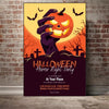 Halloween party poster featuring a carved pumpkin and bats with dark purple hand holding it against an orange background