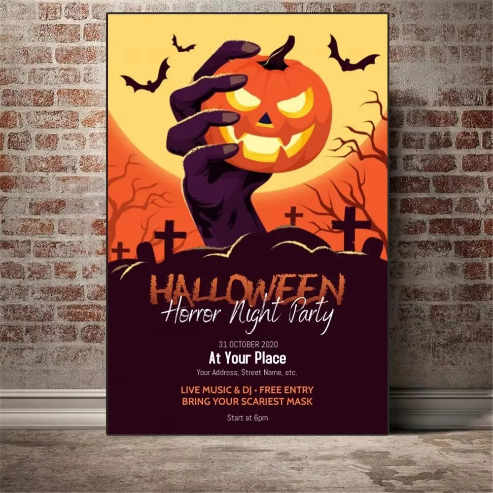 Halloween party poster featuring a carved pumpkin and bats with dark purple hand holding it against an orange background