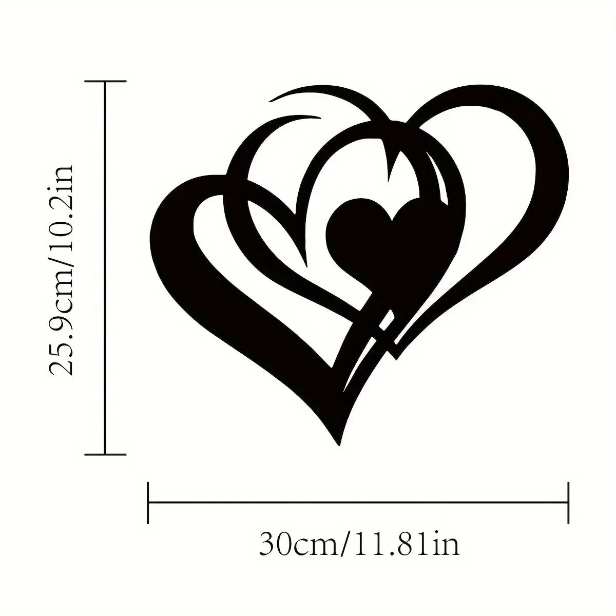 Black metal wall art featuring two intertwined heart shapes.