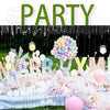 A pastel balloon garland arch kit featuring assorted rainbow colored balloons arranged in a decorative display.
