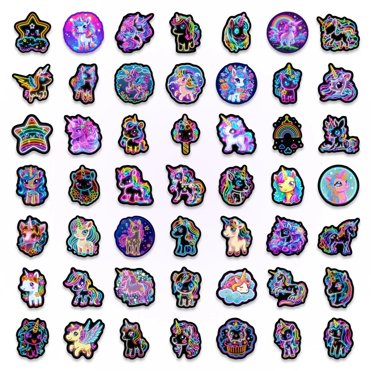 Colección de calcomanías de caballo arcoíris neón colorido autoadhesivas con diseños iridiscentes y holográficos.