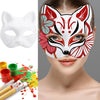 A pair of blank white cat half masks for DIY decoration and cosplay are shown alongside paintbrushes and colorful paints.