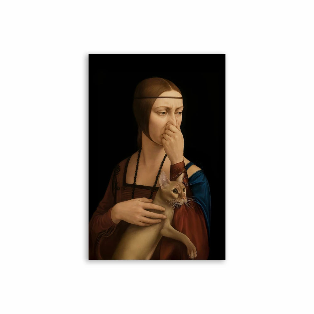 A portrait of a woman looking down while touching her face, with a cat resting on her hand.